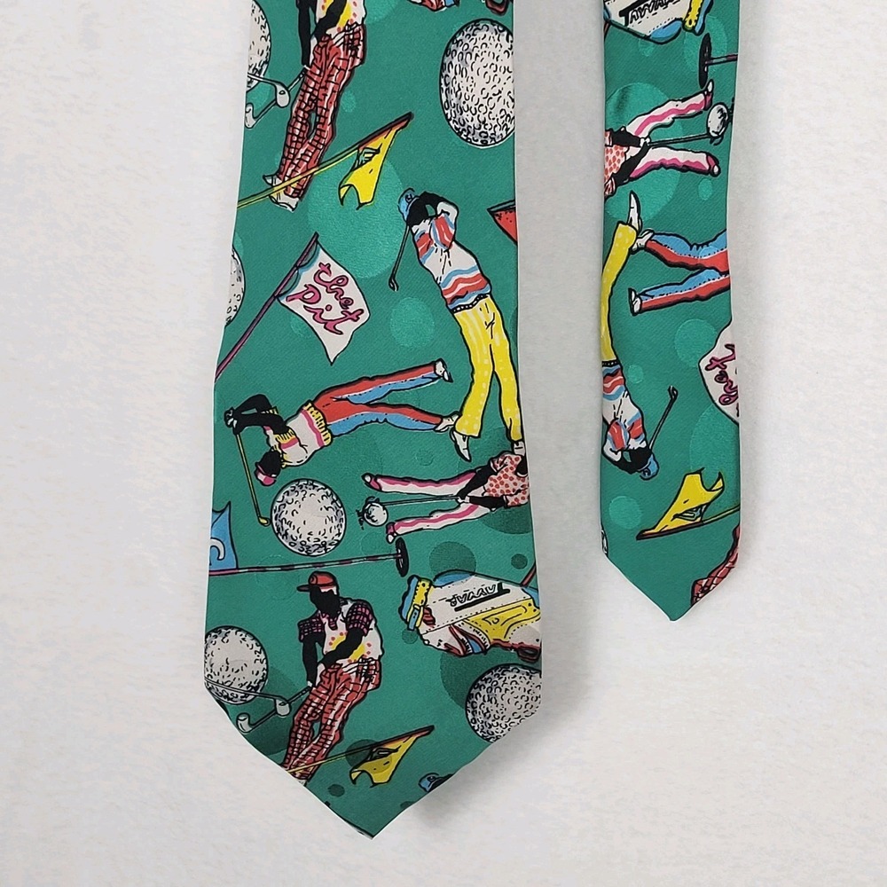Max Deco Vintage 90s Green Golf Print Silk Tie Macy's Tag Novelty Sports 58x4‎